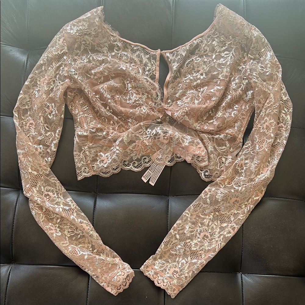 Victoria's Secret Pink Long Sleeve v neck plunge lace Blouse